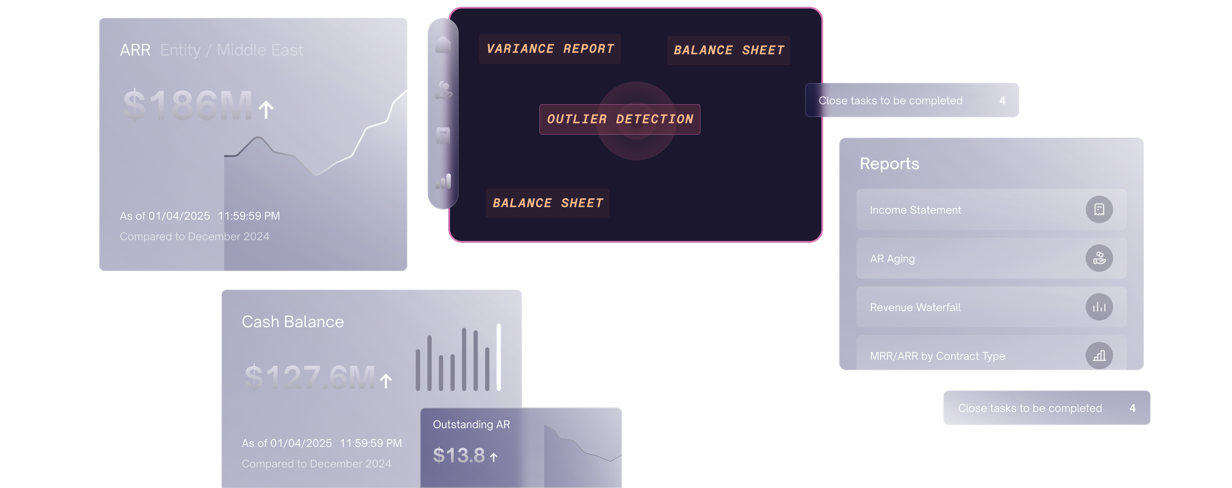 Financial metrics dashboard with ARR, Cash Balance, Reports, and purple card with badges